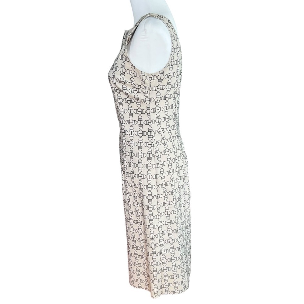 Vintage Sleeveless Midi Dress Beige Black Print Career Cocktail Party SZ M - Picture 2 of 5